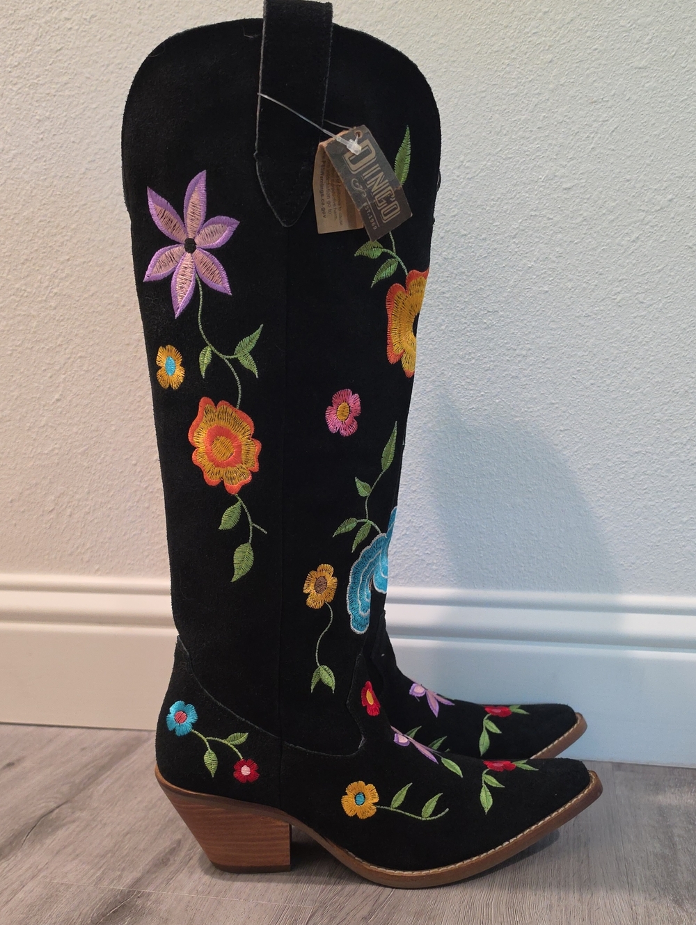 Dingo Flower Power Suede Tall Western Boots - Snip Toe, Size 8, Black